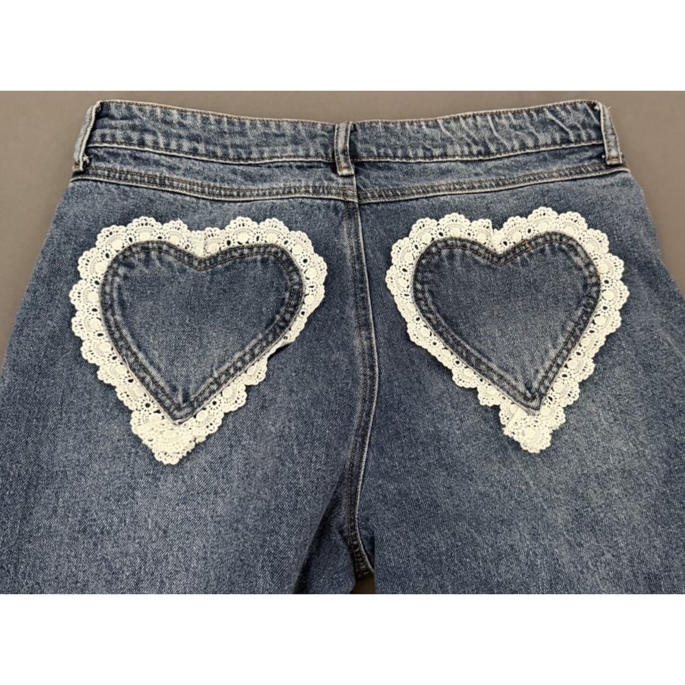 Ashley Mason Wide Leg Jeans Womens Sz 13/31 Lace Heart Pockets Raw Hem High Rise - Picture 10 of 14